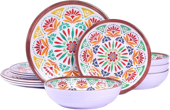 12-Piece Melamine Dinnerware Set,Service for 4, Durable Plate and Bowl, Floral Pattern Tableware for Parties & Home, Dinner Salad Dessert Plates, and Cereal Bowls Set,Housewarming Wedding Gift - Brown