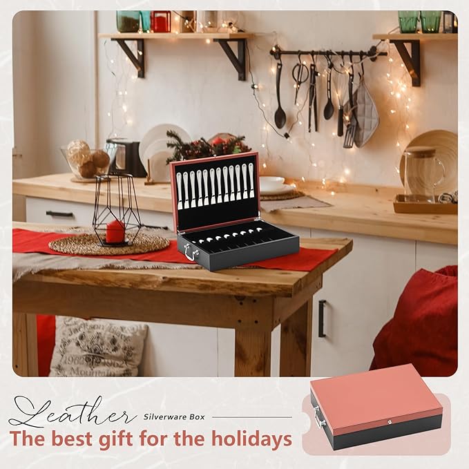 DoubleFill 1 Layer Leather Silverware Storage Box with Lid and Handles, Anti Tarnish Silverware Storage Chest Case with Felt-lined for 12 Sets of Utensils Flatware Gifts, 15.3x11.2x3.6 Inch
