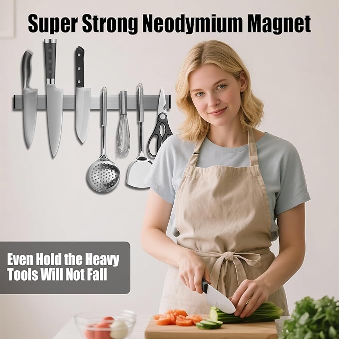 Magnetic Knife Holder for Wall 16 Inch, Strong Adhesive No Drill, Professional Knife Strip, No Screws Needed, Adhesive Backing, Stainless Steel Knife Bar