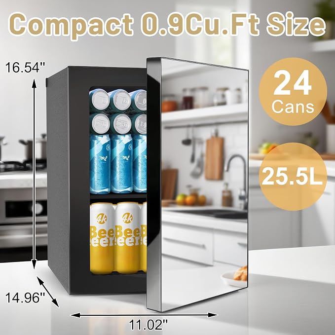 24Can/0.9Cu.Ft Mini Fridge with Mirror, Compact Small refrigerator with 7 Temp Control, Removable Shelf, Personal Cooler for Bedroom, Dorm, Office and Beverage Beauty Storage