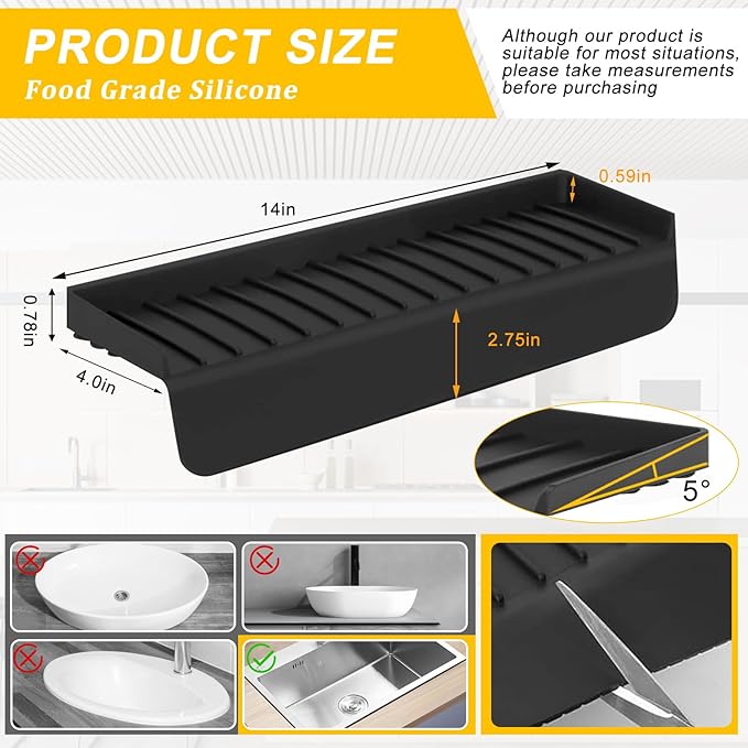 Silicone Sink Edge Protectors - Multifunction Accessories, Splash Guard & Draining Mat for Kitchen, Bathroom Sink, Steel, Granite, Quartz Countertops (Black, 4 * 14in)