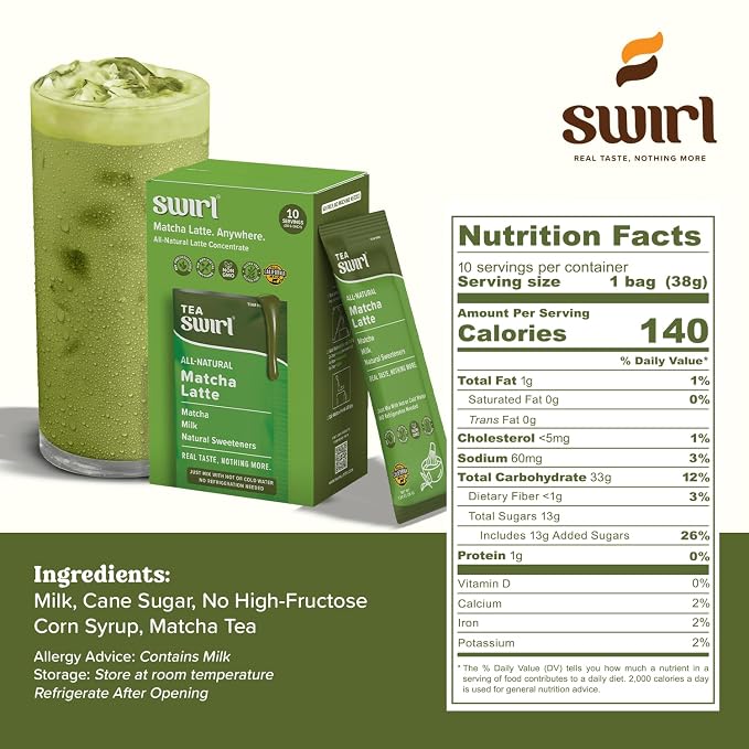 Swirl - Matcha Latte - Smooth, Creamy Japanese Green Tea Milk Blend, Single Serve, Travel Ready, No Refrigeration Required - 38g per pack 10 packets