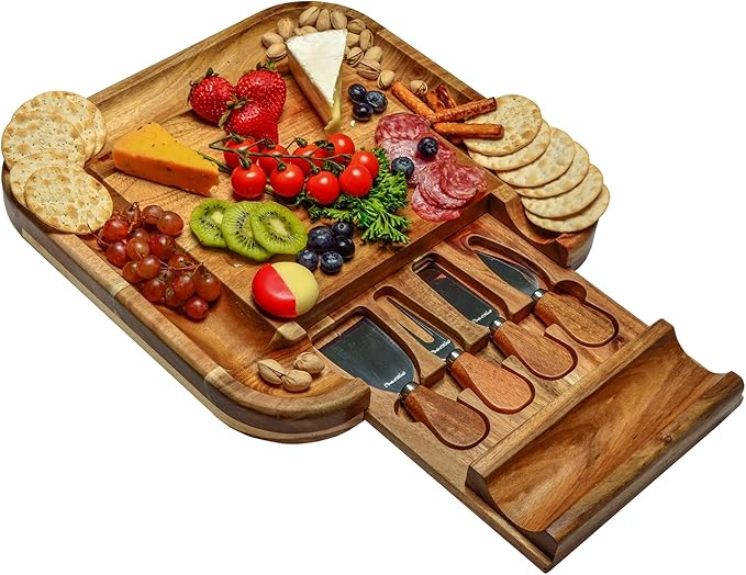 Picnic at Ascot Personalized Engraved Acacia Cheese/Charcuterie Cutting Board with Knife Set & Cheese Markers- Designed & Quality Checked USA