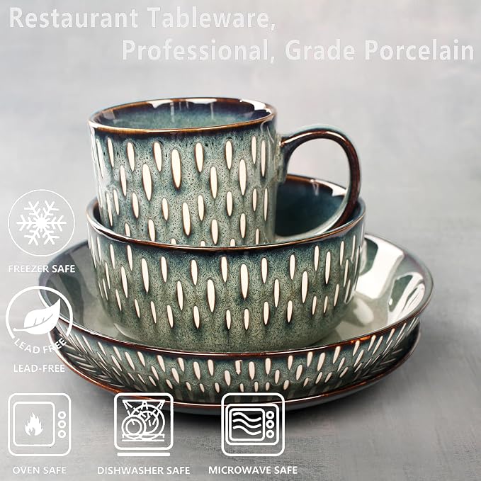 Dinnerware Sets 16 Pieces - Round Reactive Glaze Tableware - Kitchen Dinnerware Porcelain Crockery with Dinner Plate, Bowl and Soup Plate Service for 4, Microwave Dishwasher Safe, Set No.4