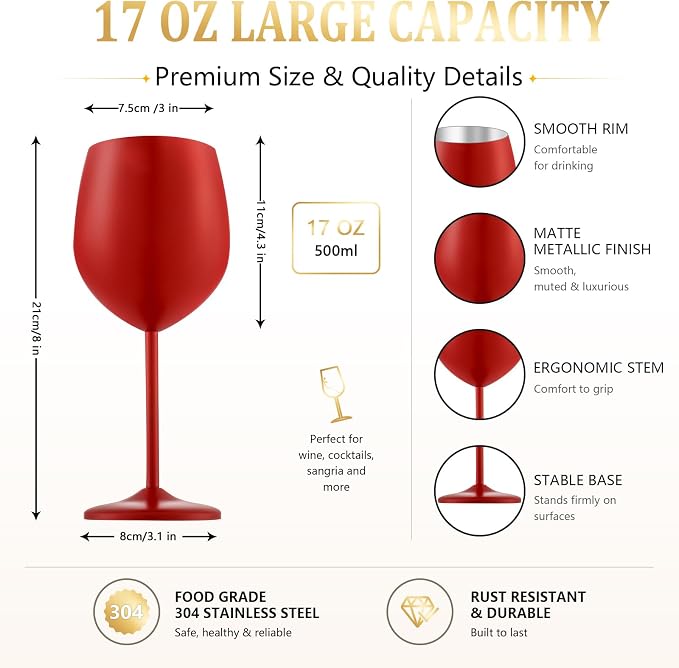 UNISWEET Stainless Steel Wine Glasses Set of 4 Unbreakable Wine Glass 18 oz Unique Metal Wine Goblets for Outdoor, Travel, Camping, Pool, Ideal Gift for Wine Lovers (Matte-Red)