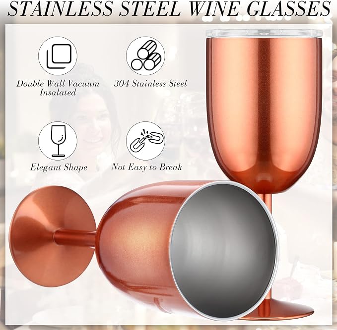 Yinder 8 Pcs Stemmed Stainless Steel Wine Glasses, 12 oz Stainless Wine Goblet with Lids Double Wall Insulated Unbreakable Goblets Insulated Stem Tumbler for Friendship Birthday Party (Rose Gold)