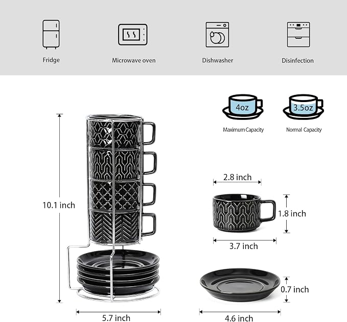 Sureasy 4 Ounce Ceramic Espresso Cups Set of 4 - Stackable Demitasse Cups with Saucers & Metal Stand, Coffee Cups for Latte, Tea, Dishwasher & Oven Safe, Black