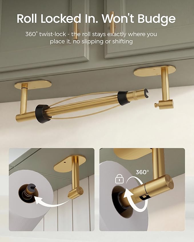 Gold Paper Towel Holder Under Cabinet, Self Adhesive or Wall Mount for Kitchen Bathroom, Stainless Steel Paper Towel Holders with Damping Effect, Single Hand Operable