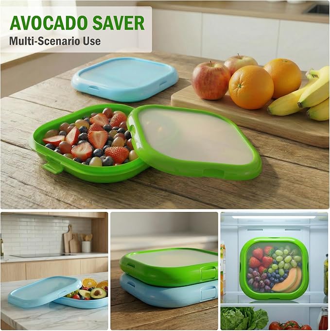 2 Pack Reusable Silicone Storage Boxes, Avocado Saver & Onion Storage for Avocado, Cut Onions, Tomatoes, Garlic and Leftovers in Fridge (Blue/Green)