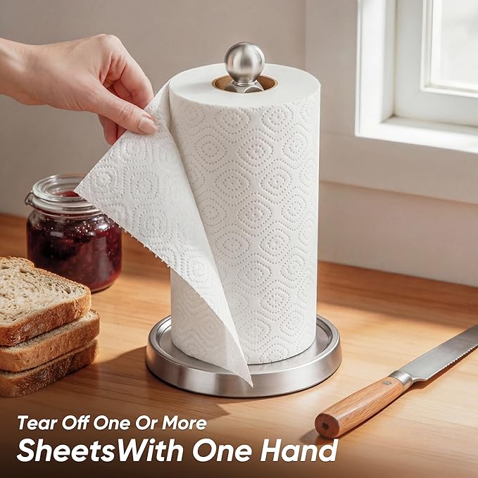 theaoo Paper Towel Holder Countertop, One-Handed Tear Paper Towel Stand Dispenser with Damping Function for Kitchen Bathroom, Stainless Steel Paper Towel Holder with Weighted Non-slip Base (1, Silver)
