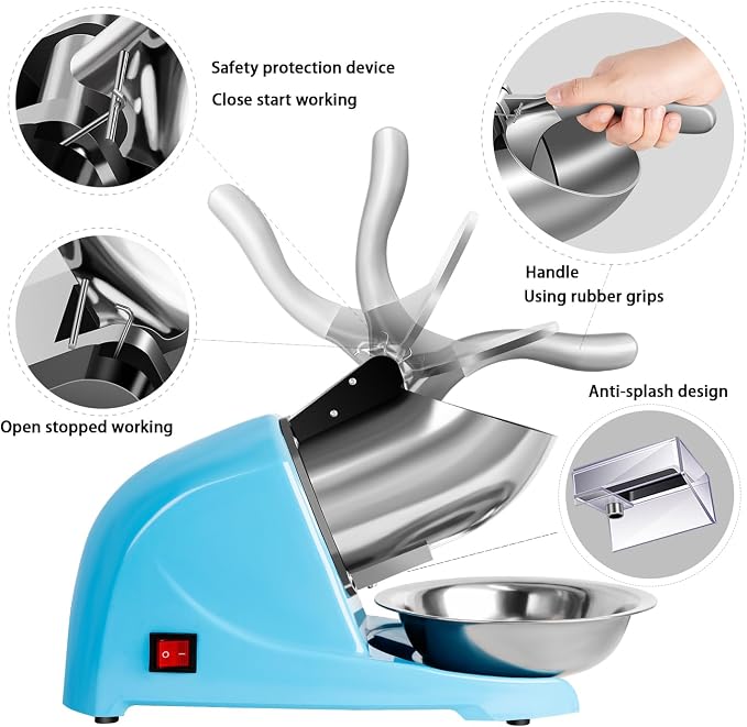 4-Blades Electric Ice Shaver Machine, 200lbs/hr Ice Crusher with Ice Tray for Home and Commercial Use (Blue)