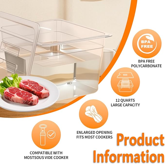 12 Quart Sous Vide Containers with Lid Compatible with Wancle Anova Nano AN500-US00 Pro 3.0 Mini Joule,most Instant Pot Sous Vide Cooker,BPA Free (Container with lid, 12 QT)