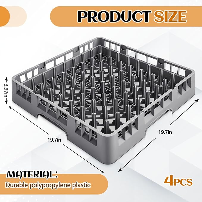 Aurelema Commercial Dishwasher Tray Rack Commercial Washing Machines Polypropylene Full Size Flatware Rack for Bowls Plates Knives Forks Cup (Peg Dish,Gray,4 Pack)