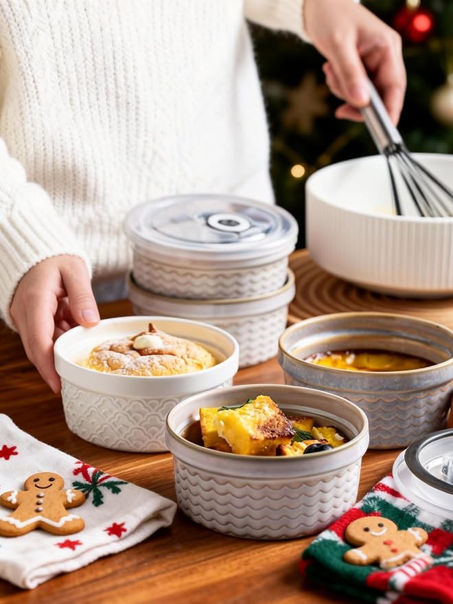 12 oz Ramekins with Lids Airtight Ceramic Storage Containers with Lids for Meal Prep/Moving/Freezer/Oven, Creme Brulee Ramekin Sets with Covers for Leftovers, Baking, Cooking, Beige Ripple