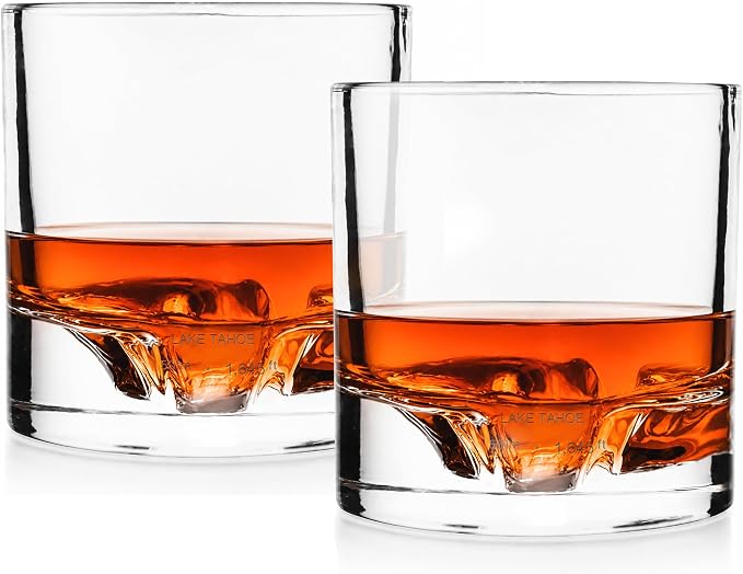 LIITON Lake Tahoe Heavy Crystal Whiskey Glasses Gift Set of 2, Thick Freezable Bourbon Glass 1lb Each, Premium Whiskey Gifts for Men, Frozen Crystal Chills Cocktails, 10 oz