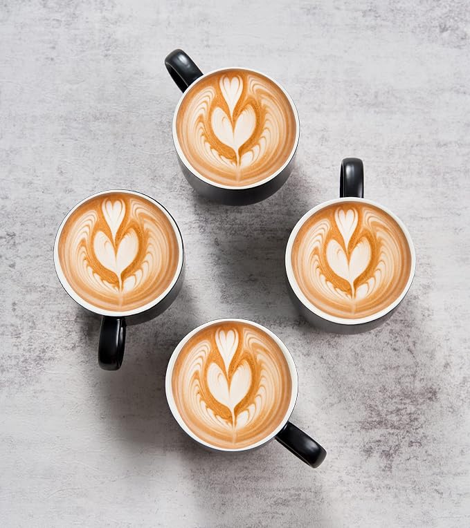 YHOSSEUN Porcelain Stackable Coffee Mugs Set With Rack, Espresso Cups with Stand Stir Spoons, 11 Oz Coffee Cups Demitasse Cup for Latte, Macchiato, Cafe Mocha Set of 4, Black