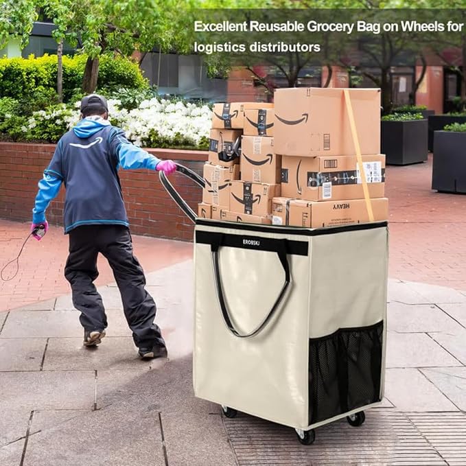 (Medium,Beige) Reusable Grocery Bag on Wheels, Foldable Rolling Tote, Carries Up to 66 lbs Shopping Trolley, Zipper Clouser Shopping Carts for Trips, Laundry, 4 Heavy Duty Wheels and 3 Handles