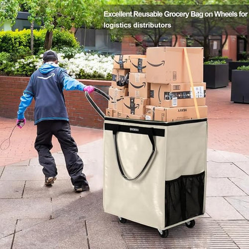 (Medium,Beige) Reusable Grocery Bag on Wheels, Foldable Rolling Tote, Carries Up to 66 lbs Shopping Trolley, Zipper Clouser Shopping Carts for Trips, Laundry, 4 Heavy Duty Wheels and 3 Handles