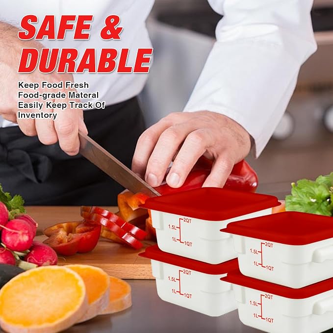 Square Food Containers with Lids 4-Pack, Commercial Grade Plastic Bins for Restaurant Kitchen Pantry Storage, Freezer & Dishwasher Safe (Red, 2QT-4PACK)
