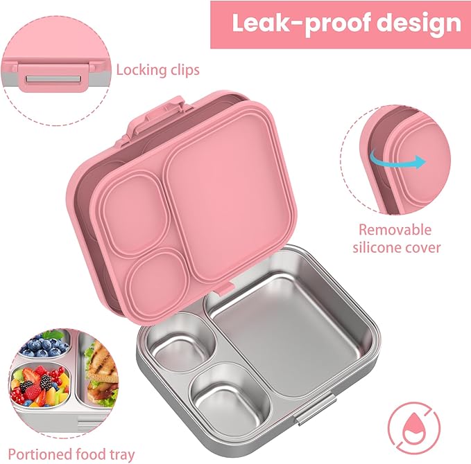 Pawtong Stainless Steel Bento Lunch Box for Kids | 3-Compartment Lunch Box Container Kids | 100% Leakproof, Eco-Friendly, Perfect Portion Control for Kids&Adult Healthy Meals (Pink)