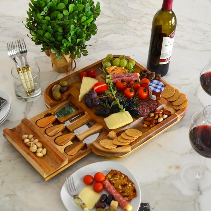 Picnic at Ascot Original Bamboo Cheese/Charcuterie Board with Cracker Groove & Drawer with Cheese Tools - Designed & Quality Checked in the USA