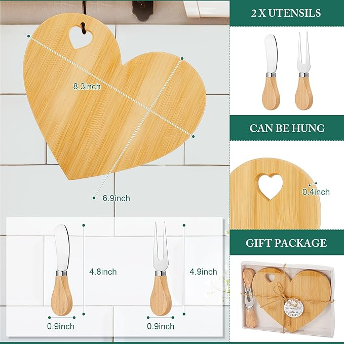 Patelai 4 Set Bridal Baby Shower Favor Heart Cheese Board with Knife, Wood Mini Charcuterie Board Thank You Gift Box for Guest Bridal Baby Shower Prize Wedding Valentines Birthday (Bamboo Color)