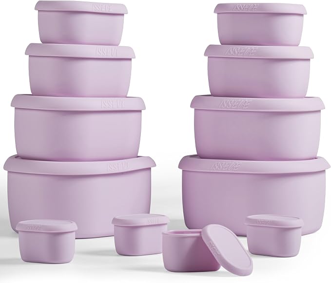 ISSEVE 12Pcs/Set Nesting Silicone Food Storage Containers with Lids, BPA Free Reusable Meal Prep Silicone Containers Airtight, Freezer Dishwasher Safe (33.8oz, 20oz, 10oz, 6.7oz, 1.3oz) (Purple)
