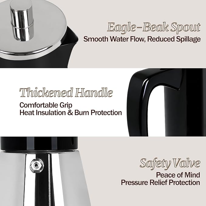 6 Cup Thickened Moka Pot 304 Stainless Steel 300ml Italian Espresso Coffee Maker Stovetop CoffeeMakers Mocha Pot Percolator for Induction Stove Classic Cafe Makers Portable for Easy Brewing