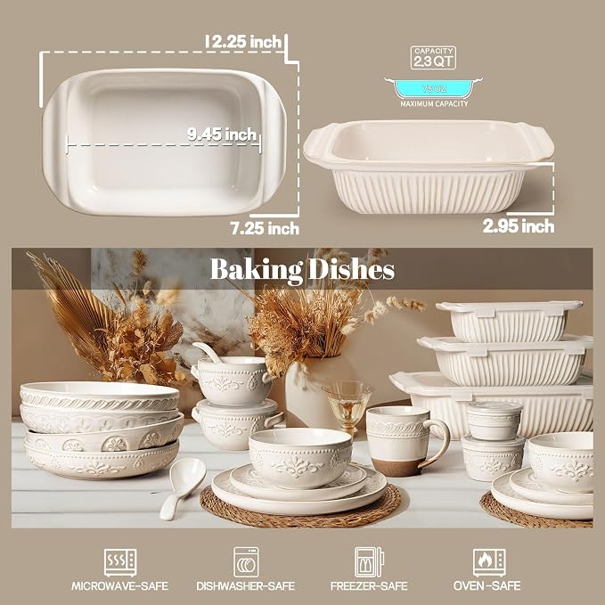 Artena Baking Dish 2.3 Quarts, Casserole Dishes For Oven, Baking Pan With Handles, Lasagna Pan Deep, Large Casserole Dish, Rectangular Ceramic Bakeware (White)