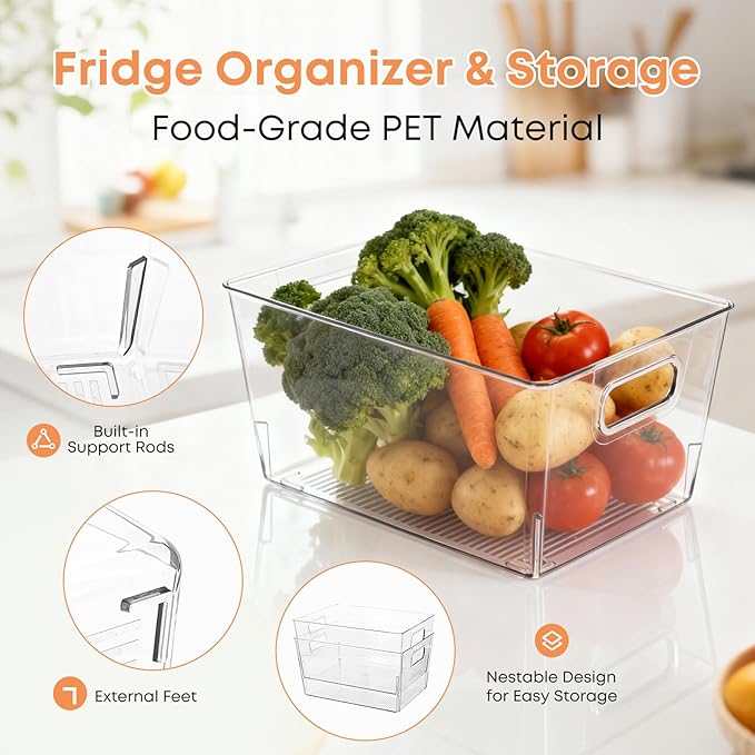 MOONEDGE Large Clear Plastic Storage Bins 4 Pack, 12" x 8" x 6" Stackable & Durable Organizers for Kitchen, Pantry, Refrigerator & Bathroom – Food Safe, Easy to Clean, Ideal for Home Organization