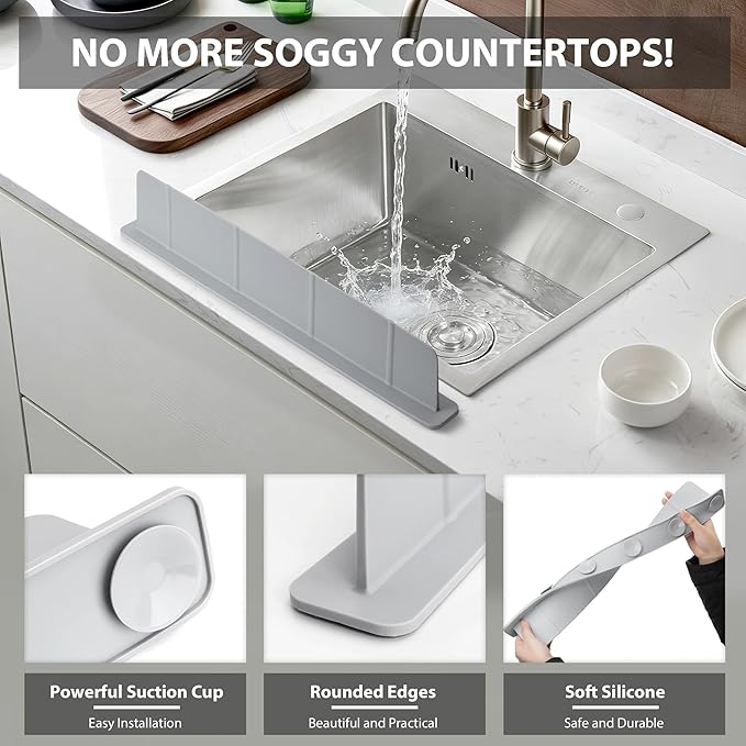 20Inch Silicone Sink Splash Guard with Strong Suction Cups, Flexible Kitchen Sink Splash Guard for Front/Back of Sink, Easy to Clean Splash Guard for Kitchen & Bathroom (Grey, 20.5''x2.8'')