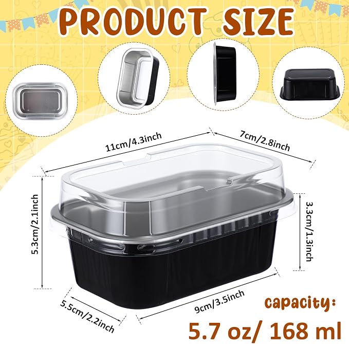 Vesici 100 Sets Mini Loaf Pans with Lids, 5.7 oz Disposable Aluminum Foil Baking Cups, Rectangle Cake Pans for Baking Storage Birthday Party(Black Silver)