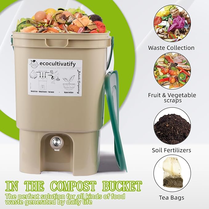 20L Bokashi Compost Bin, 5.28 Gallon Compost Bin for Kitchen Composter with Lid, Bokashi Start Kit with Bran (Tan & Dark Green) (20L/5.28GAL Tan & Dark Green)