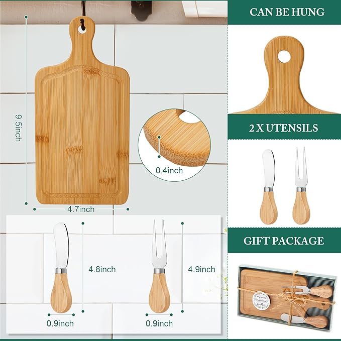 Ziliny 36 Set Bridal Baby Shower Cheese Prizes Wooden Square Board Gift Set Knives Forks Thank You Tags with Box for Guests for Valentines Bridal Baby Shower Housewarming Gifts (Bamboo Color)