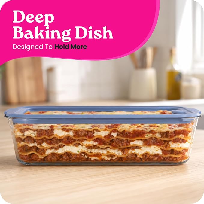 Non-Toxic Glass Baking Dish with GLASS LID, Deep Casserole Dish, Borosilicate Glass 9x13 baking pan Airtight Glass Food Container, Oven, Freezer and Microwave Safe, PLASTIC FREE