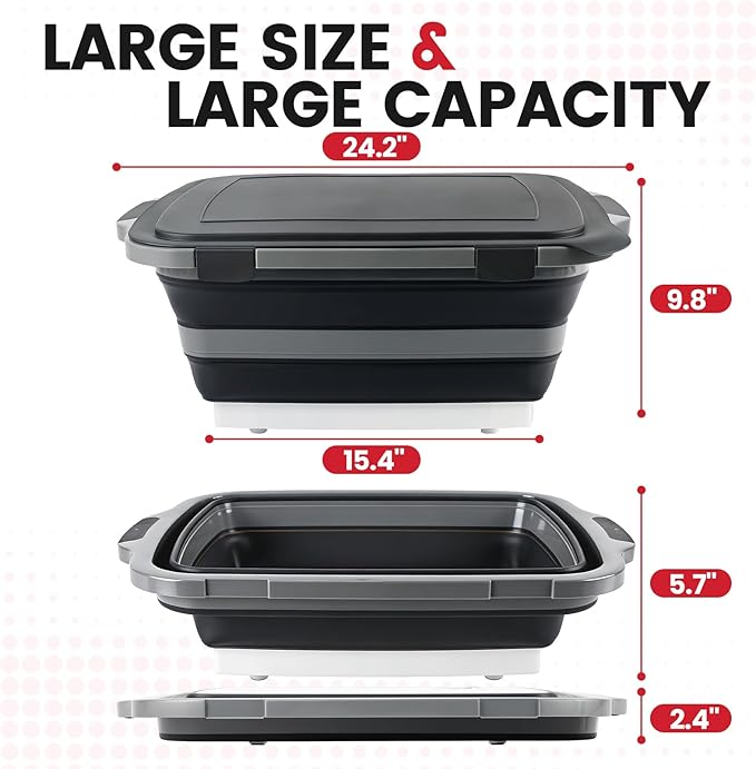 BBQ Prep Tub 3-IN-1 Large 30L Collapsible Cutting Board with Locking Lid for Meal Prep Marinating Food, Camping Sink with Colander, Dish Basin, Storage Blanket for Camping Picnic BBQ, Black