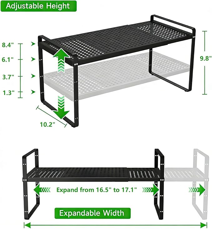 Expandable Cabinet Organizer Shelf - Adjustable Width (16.5”-27.1”), Stackable, Heavy Duty 80 lbs, for Kitchen Pantry, Countertop, Office, Spice Rack - Black, Large Size, 1 Pack