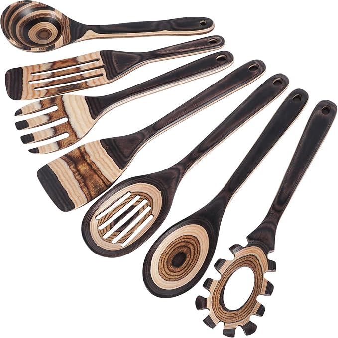 MYRAINBOW Wooden Spoons for Cooking, 7 Piece Pakkawood Kitchen Utensils Set with Spatulas, Spoons, Ladles, and Turner for Mixing, Serving & Cooking
