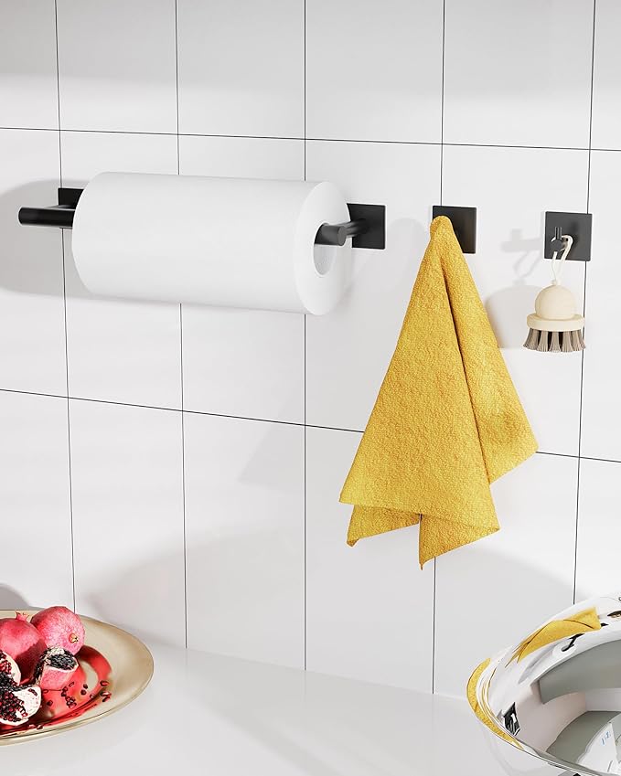 Paper Towel Holder Under Cabinet, Self Adhesive or Wall Mounted SUS304 Stainless Steel Paper Towel Holder for Kitchen, Bathroom(2 Towel Hooks, Matte Black)