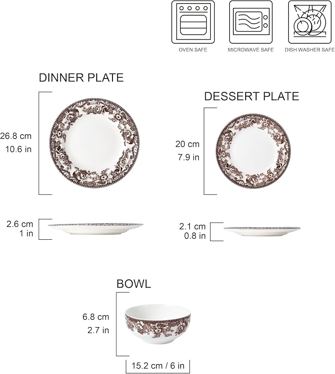 Montana 12-Piece Chip-Resistant Porcelain Dinnerware Set – Service for 4 | Reinforced Scratch-Shield Glaze | Large 25oz Deep Bowls | Elegant Brown Floral Border | Dishwasher, Microwave, & Oven Safe