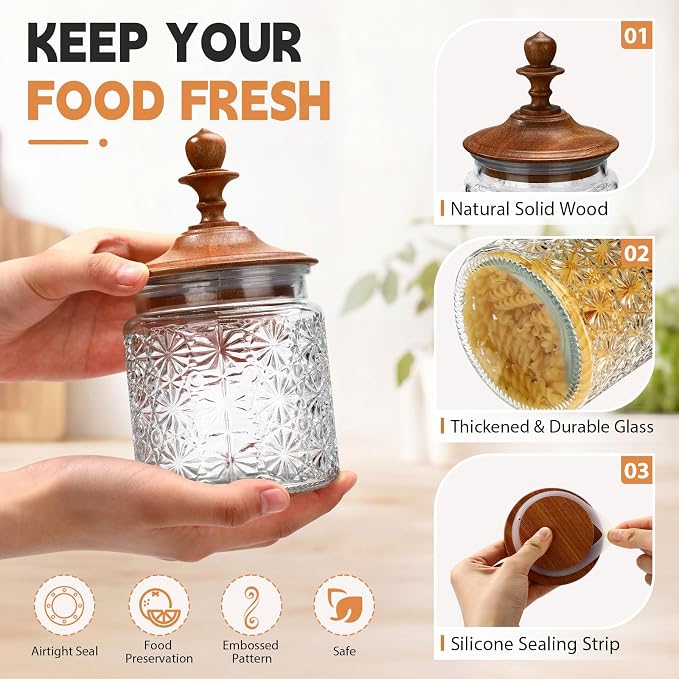 Suclain 6 Pack 17oz Vintage Glass Jars with Wooden Crown Lids, Decorative Jars Star Pattern, Airtight Glass Food Storage Containers for Tea Coffee Spice Pantry Organization