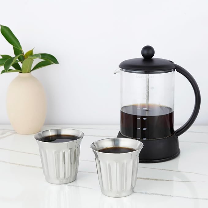Easyworkz French Press 12 oz, Bundled Stainless Steel Double-Wall Espresso Cups 5 oz Set of 2, Vertical Stripe Design, Chrome