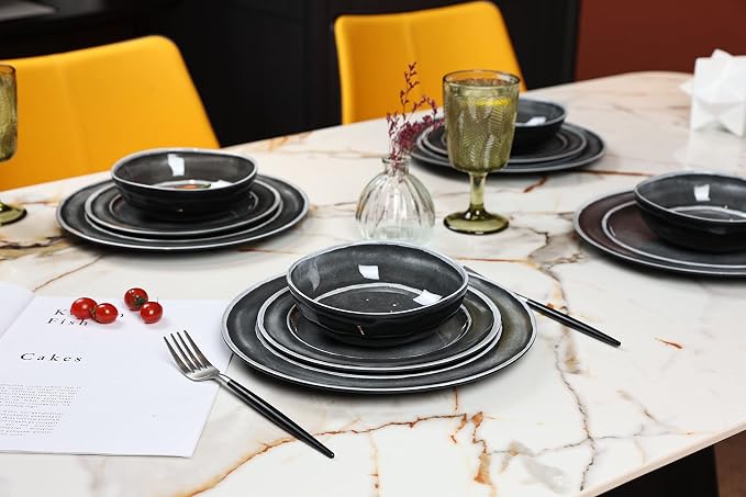 Melamine Dinnerware Sets- 12pcs Melamine Plates and Bowls Set for 4, Suitable for Indoor and Outdoor Use, Black