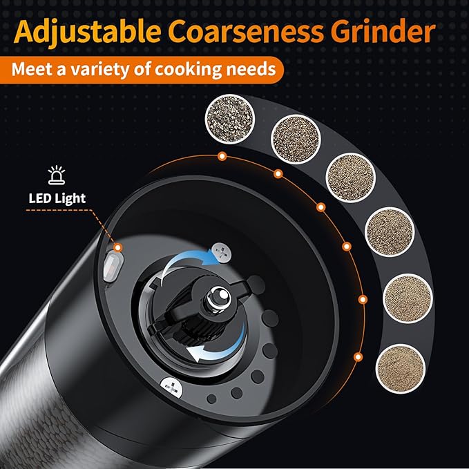 4Pack Electric Salt and Pepper Grinder Set USB Rechargeable with Warm LED Light, Adjustable Coarseness Lidaop Large Capacity Automatic Salt Pepper Mill Shakers for Kitchen, Black Set