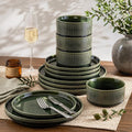 GBHOME 12-Piece Stoneware Dinnerware Set for 4 – Ribbed Ceramic Plates and Bowls, Scratch-Resistant, Microwave & Dishwasher Safe, Reactive Glaze, Mossed Jade