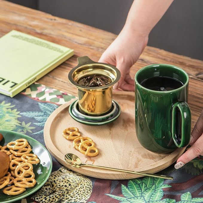 vicrays Ceramic Tea Mug Infuser - Large Cup 16 oz Hot Loose Steeping Handle Teacup with Leaf Infuser Spoon Lid - Tall Glazed Strainer Coffee Mug Microwave Safe - Green