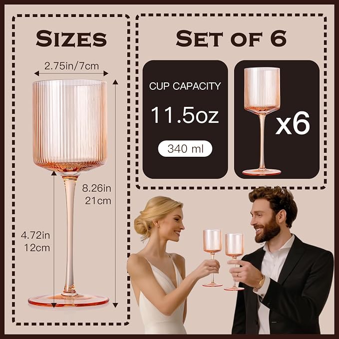 Pale Peach Colored Square Wine Glasses Set of 6, Ribbed Design Peach Crystal Glassware with Long Stem, 11.5oz Hand Blown Red & White Wine Stemware For Home Dinner Party Wedding Housewarming Gift