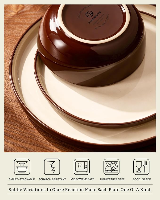 Famiware Milkyway Stoneware Dinnerware Set, 18-Piece, Double Reactive Glaze, Plates and Bowls, Service for 6, Microwave and Dishwasher Safe, Scratch-Resistant, Light khaki & Cocoa