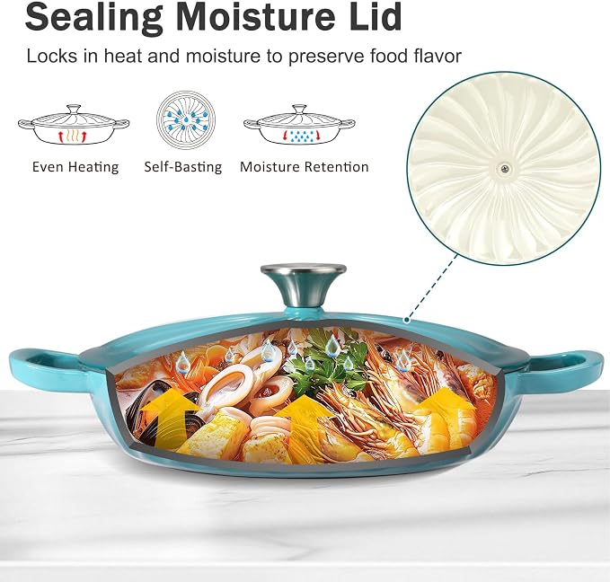 Enameled Cast Iron Dutch Oven, 3.8 Quart Dutch Oven Pot with Lid, Shallow Cast Iron Braiser with Handles, Oven Safe up to 500°F (BlueGreen)