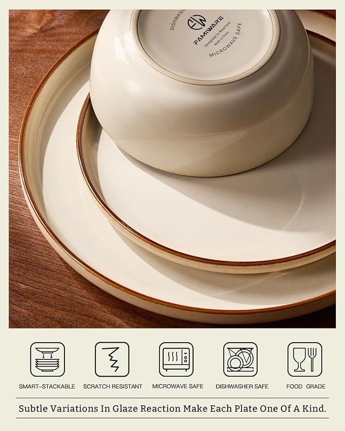 Famiware Milkyway Stoneware Dinnerware Set, 12-Piece, Double Reactive Glaze, Plates and Bowls, Service for 4, Microwave and Dishwasher Safe, Scratch-Resistant, Light khaki